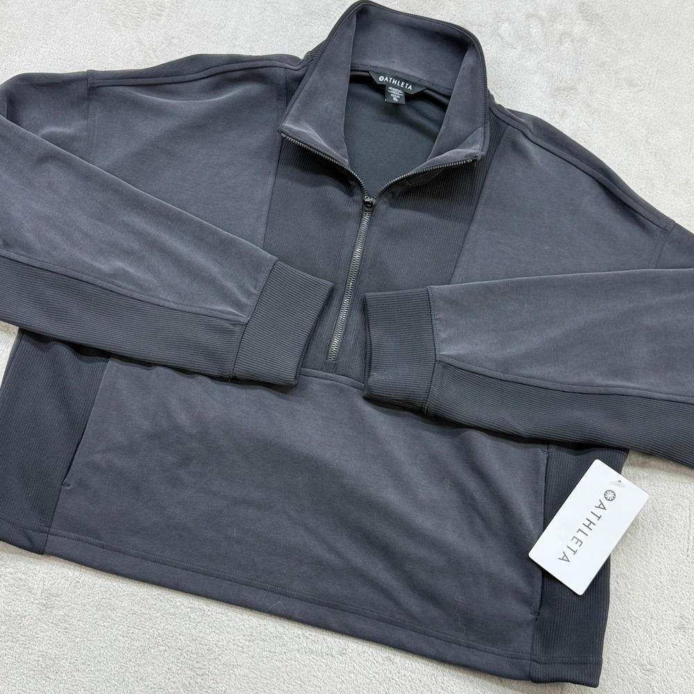 Athleta Seasoft Rib 1/4 Zip Popover Women XL Blac Pullover Loungewear Athleisure